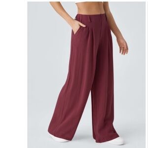 High Waisted Pocket Wide Leg Flowy Solid Palazzo Casual Linen-Feel Pants